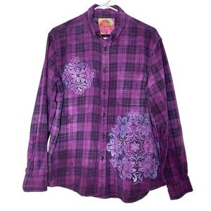 Tie Dye Floral Flannel Shirt Unisex Large Mens Purple Handmade Plaid Button Down